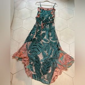 Farm Rio for Anthro Turquoise tropical leaves Dress Size M NWT